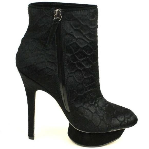 L.A.M.B. NOSS EMBOSSED FUR PEDASTAL PLATFORM STILLETTO BOOTIE - Picture 2 of 11